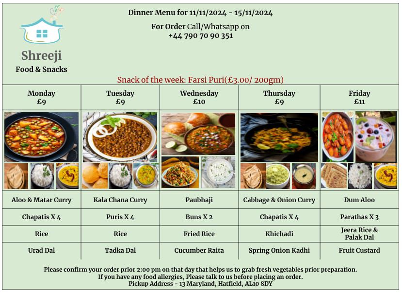 Shreeji Food and Snacks Weekly Menu